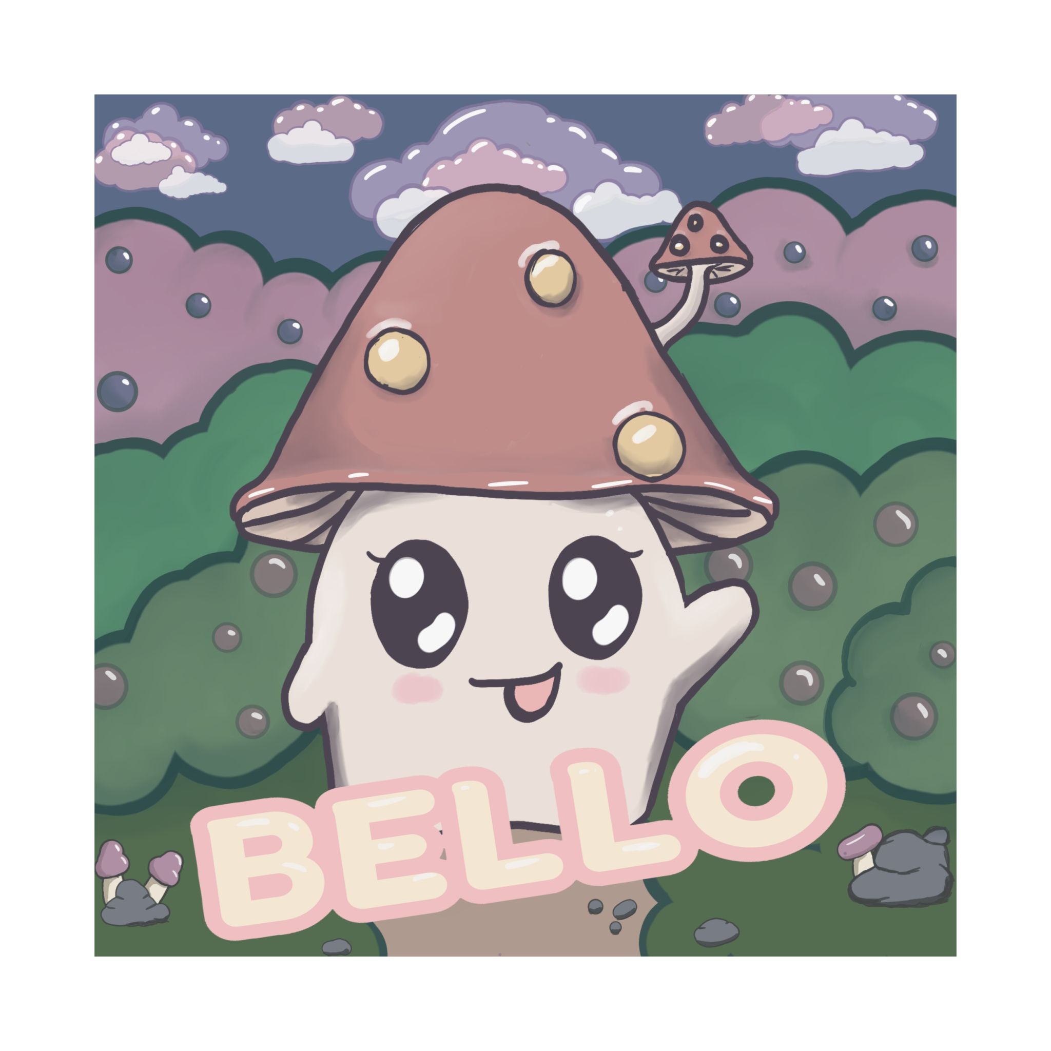 Hello Bello! Cute Kawaii Mushroom Art Print